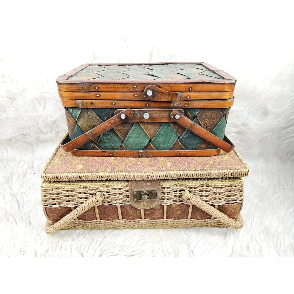2 Funky Vintage Woven Wood Picnic Basket Green/Brown Hinged Lid With Handles